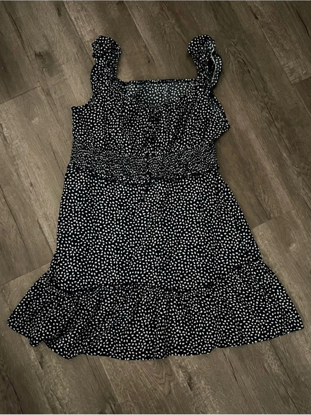 Blue White Speckled Ruffled Strap Smocked Mini Dress